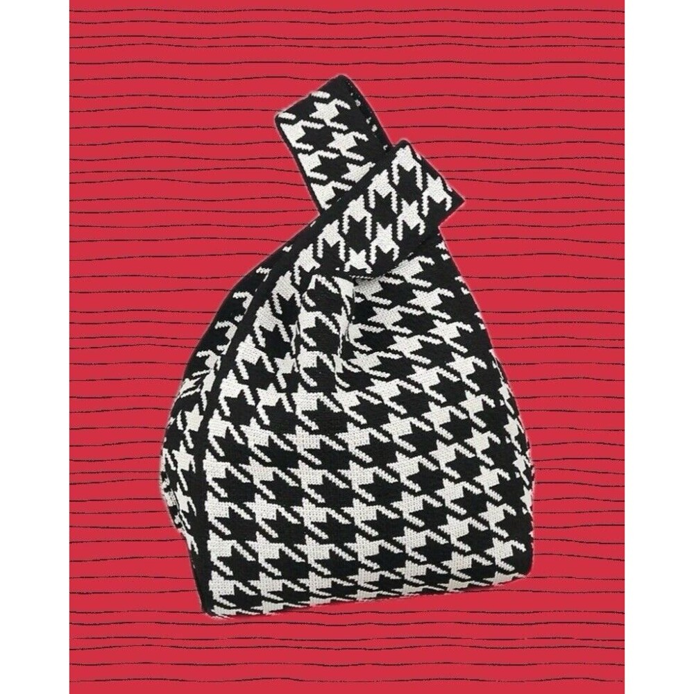 Trendy Black & White Houndstooth Knit Mini Handbag/Wrist Bag /Tote Bag